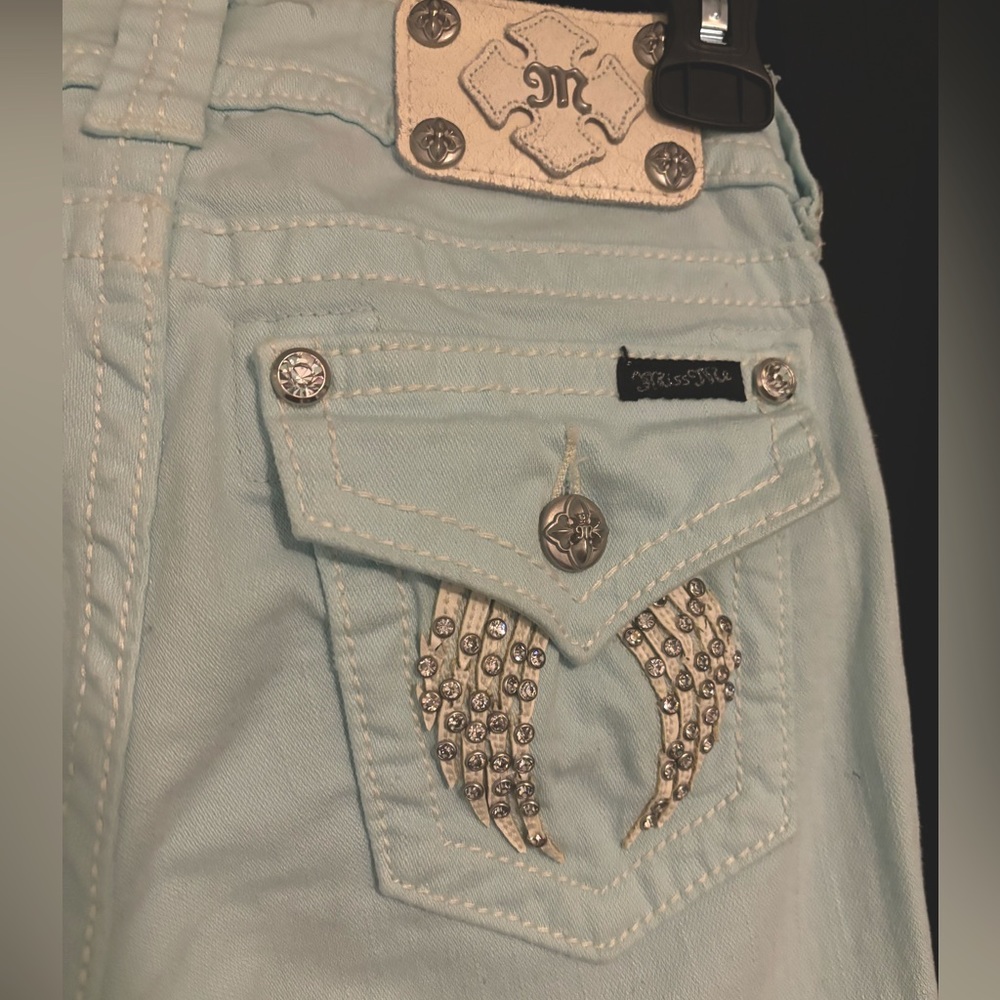 Miss Me Crystal Angel Wing Rhinestone Skinny Jeans - Mint Green Size 25